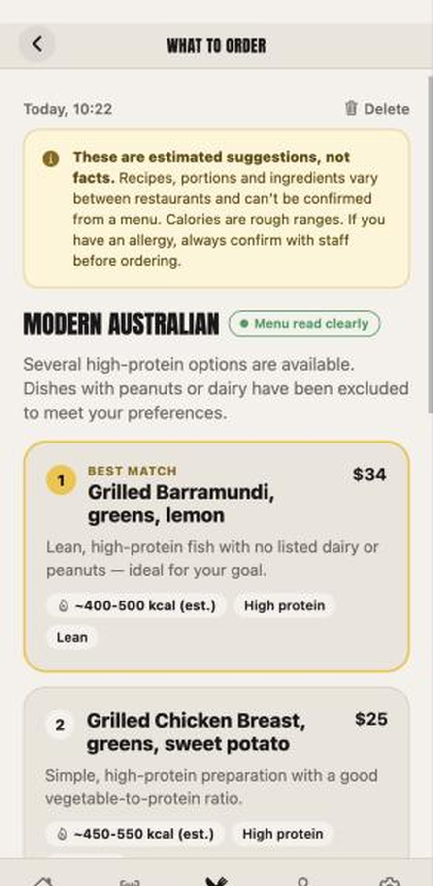 Scan Menu top picks results